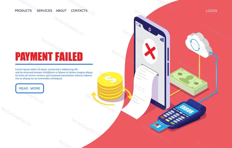 Payment failed vector website template, web page and landing page design for website and mobile site development. Cross mark on smartphone screen. Mobile payment failure alert concept.