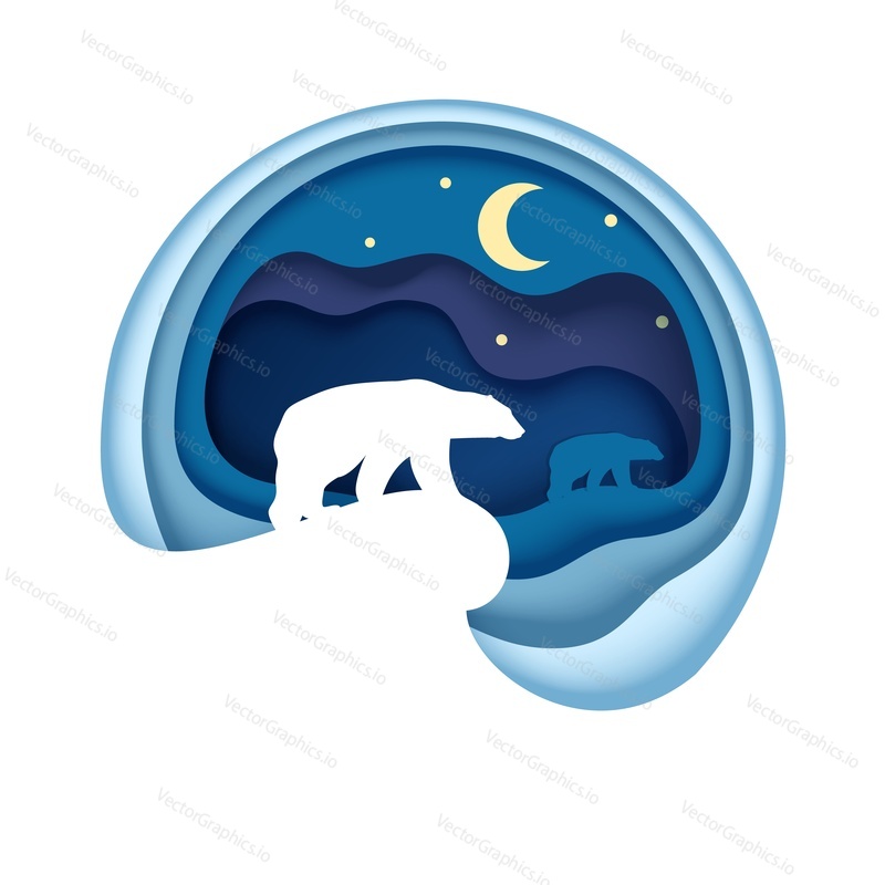 Arctic scene with night sky and polar bear silhouettes, vector illustration in paper art style. Arctic for travel poster, postcard, web banner etc.