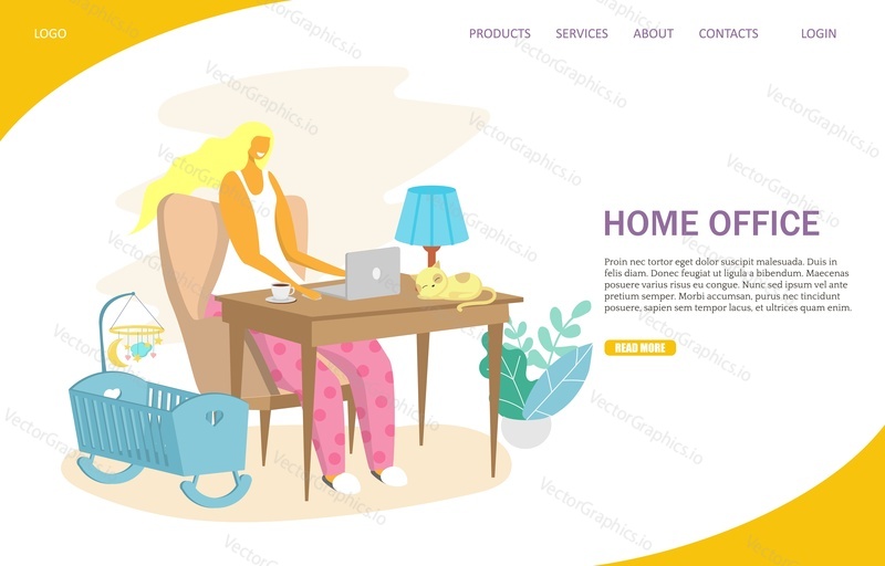Home office vector website template, web page and landing page design for website and mobile site development. Young mom working on laptop sitting at table at home. Freelance remote work concept.