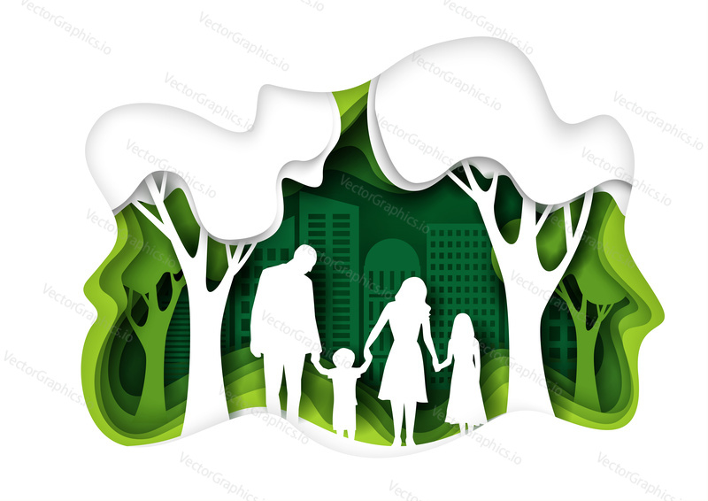 Eco friendly green city, family walking in the park, vector illustration in paper art style. Save the world and environment, ecology concept.