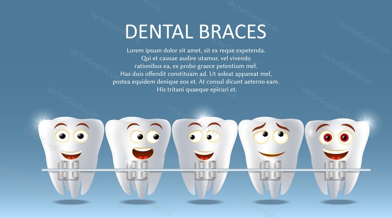 Dental braces vector poster banner template. Cute happy teeth with metal braces. Orthodontic treatment, bite correction or jaw alignment concept.