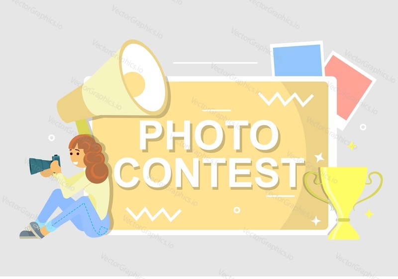 Photo contest announcement in frame, megaphone, award cup and young girl taking photo with camera. Vector flat style design illustration. Photography competition, event poster, banner etc.