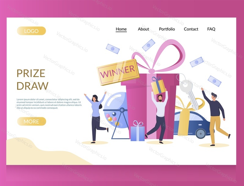 Prize draw vector website template, web page and landing page design for website and mobile site development. Raffle drum with balls and lucky people winning prizes gift box, automobile, money.
