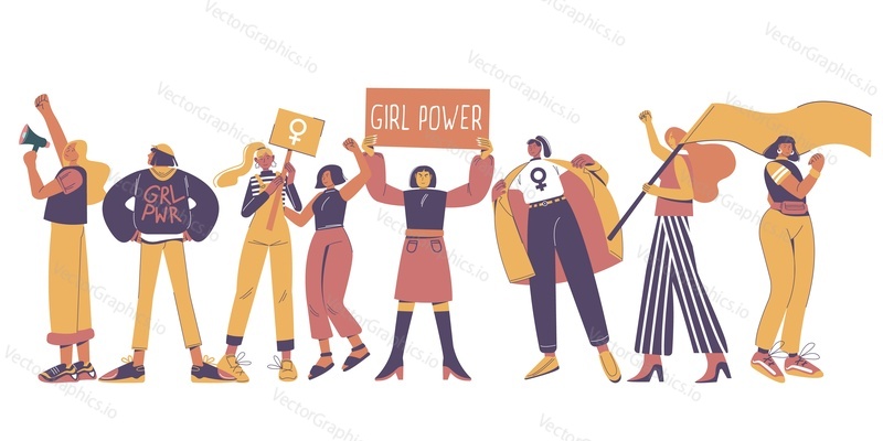 Protesting young women, vector flat illustration isolated on white background. Woman empowerment concept for poster, web banner, website page etc.