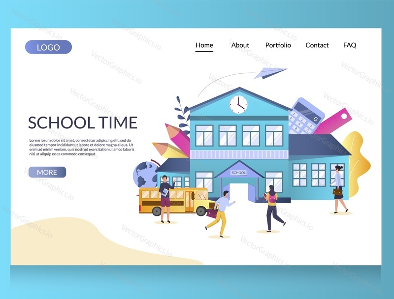 School time vector website template, web page and landing page design for website and mobile site development. School building, bus and happy schoolboys and schoolgirls. Back to school concept.