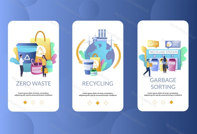 Zero waste mobile app onboarding screens. Menu banner vector template for website and application development. Life without plastic, garbage sorting and recycling concept.