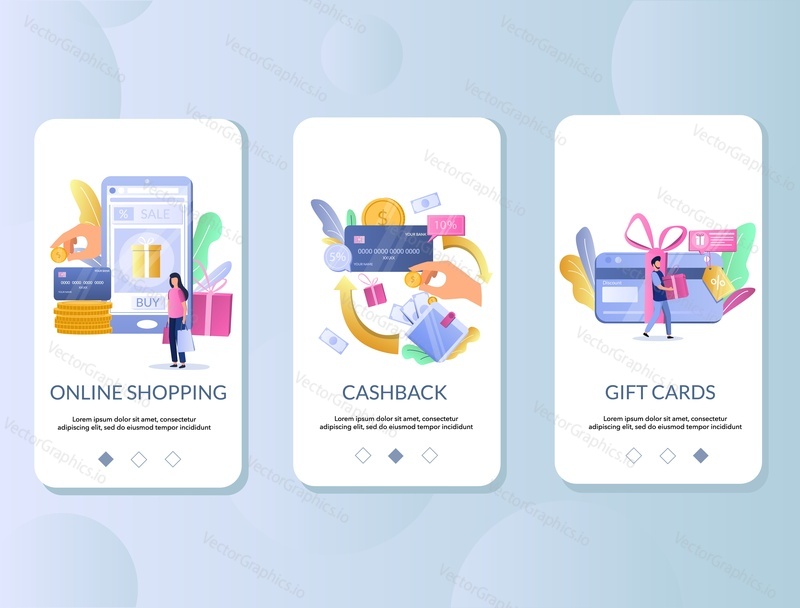 Retail rewards mobile app onboarding screens. Menu banner vector template for website and application development. Cashback, gift cards customer loyalty programs for e-commerce, online shopping.