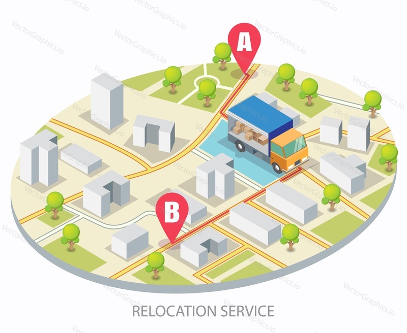 Vector isometric city road and delivery truck goes on the route from a to b location points. Relocation service concept for web banner, website page etc.