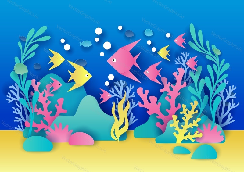 Vector paper cut aquarium with aquatic plants, exotic fish, coral reef and stones. Ocean or sea bottom landscape. The beauty of underwater world concept for poster, web banner, website page etc.