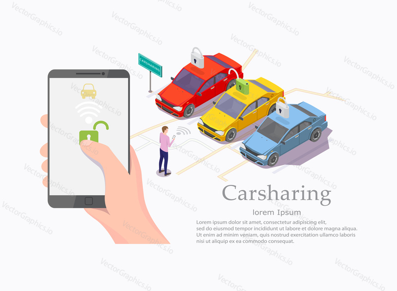 Carsharing vector web banner template. Smartphone in human hand, isometric cars for rent in parking area and man with mobile phone in front of them. Carpooling service, car sharing mobile app concept.
