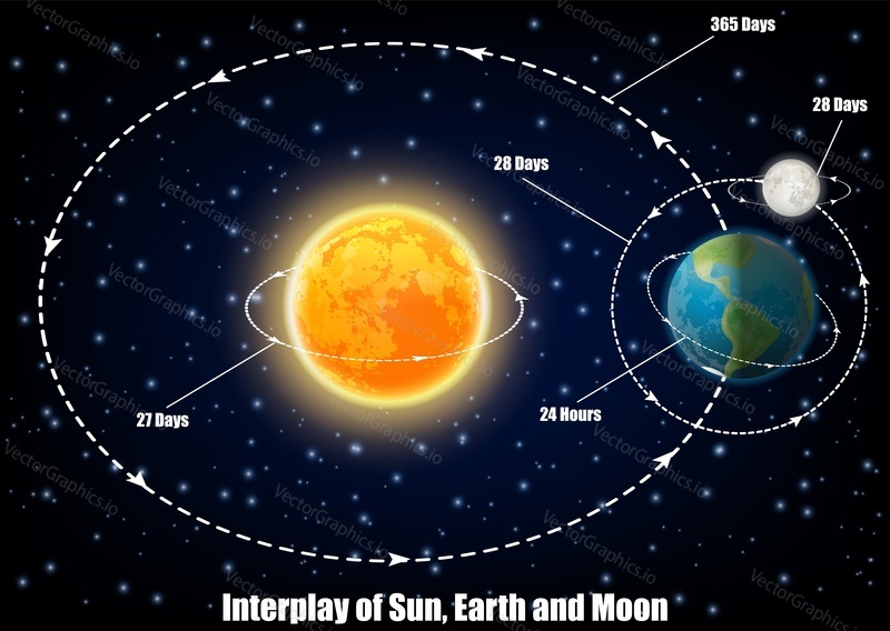 Interplay of Sun, Earth and Moon diagram. Vector educational poster, scientific infographic, presentation. Turnover period, movements of Sun, Earth and Moon. Astronomy science concept.