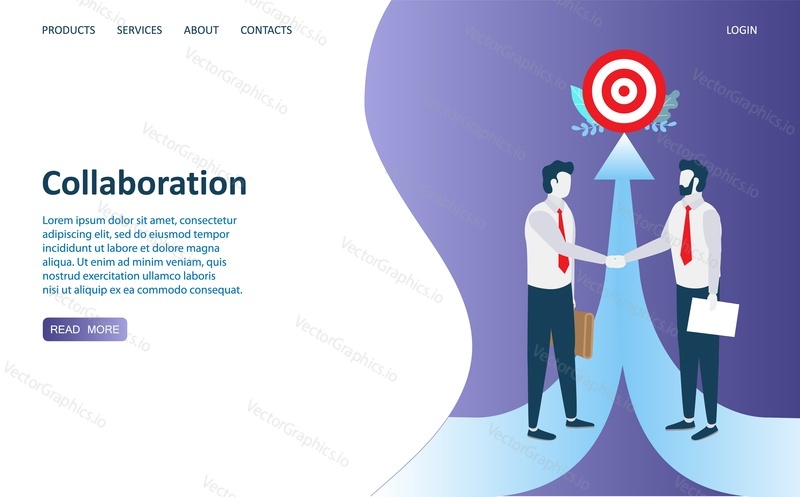 Векторный шаблон веб-сайта для совместной работы, дизайн веб-страницы и целевой страницы для разработки веб-сайтов и мобильных сайтов. Концепция делового партнерства и сотрудничества.