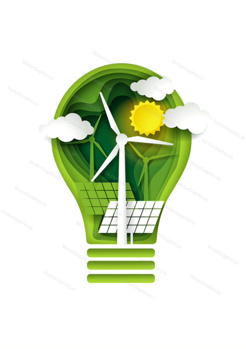 Green energy concept, vector illustration in paper art style. Solar panels and windmills inside of lightbulb. Ecology, renewable alternative energy sources.