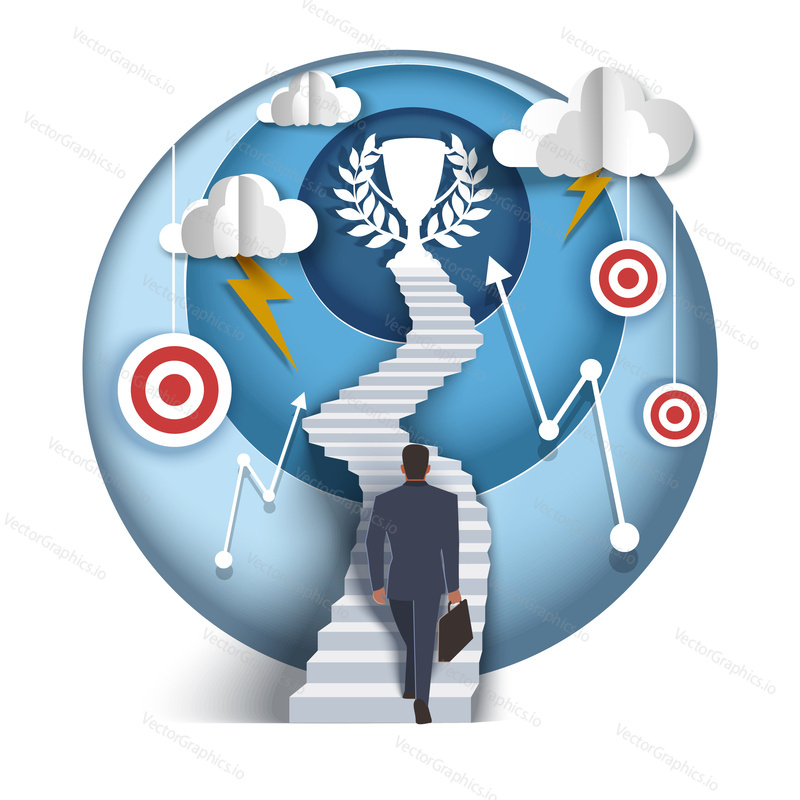 Businessman walking up staircase to trophy cup, vector illustration in paper art style. Financial success, growth, leadership, business journey, challenge, way to success concept.
