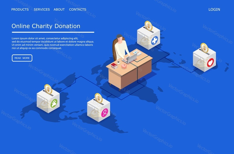 Online charity donation vector website template, web page and landing page design for website and mobile site development. Volunteer raising money. Online services for global charity projects concept.