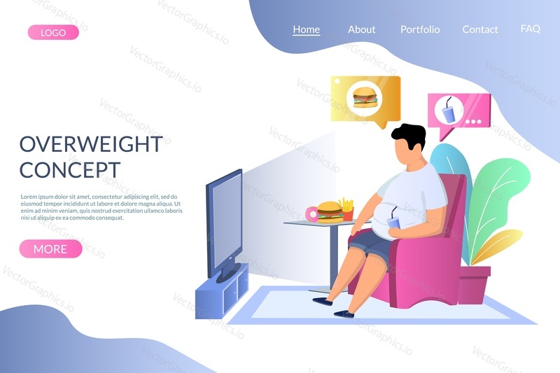 Overweight concept vector website template, web page and landing page design for website and mobile site development. Man eating junk food burger, french fries, drinking soda while watching tv.