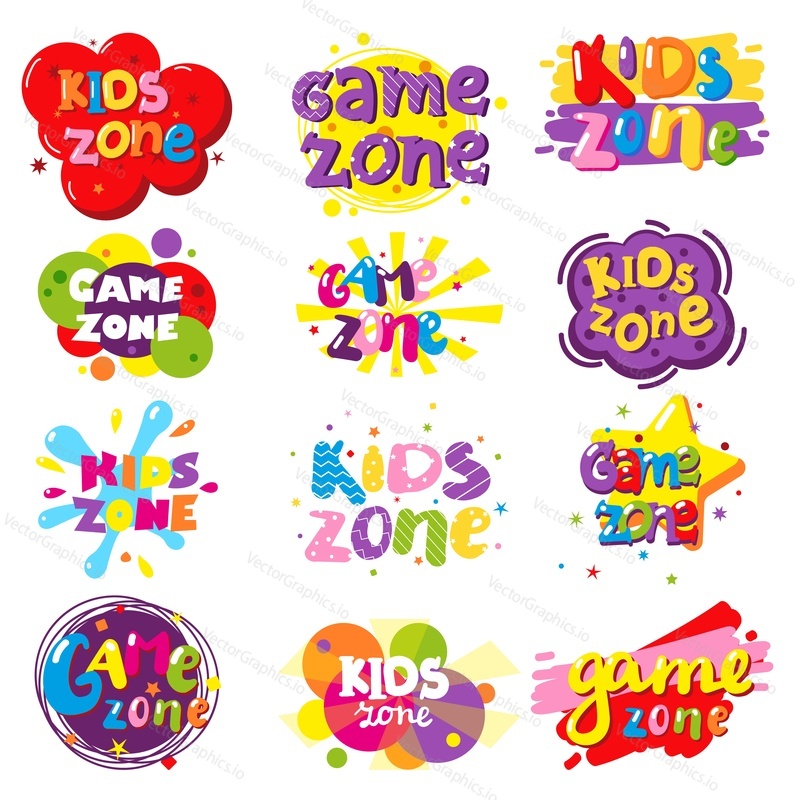 Kids zone entertainment banner set, vector illustration isolated on white background. Children playground, game room or center logo.