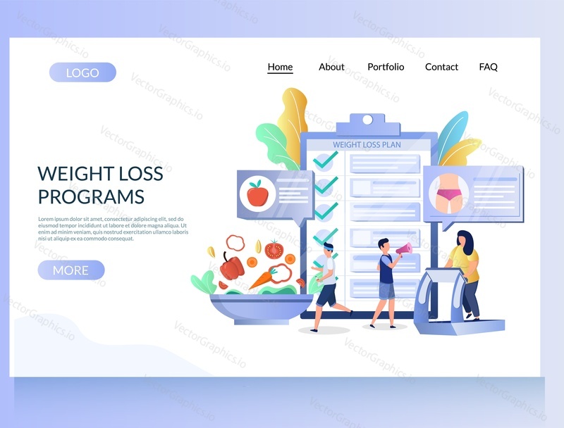 Weight loss programs vector website template, web page and landing page design for website and mobile site development. Huge clipboard with plan to lose weight, tiny people. Sports and healthy diet.