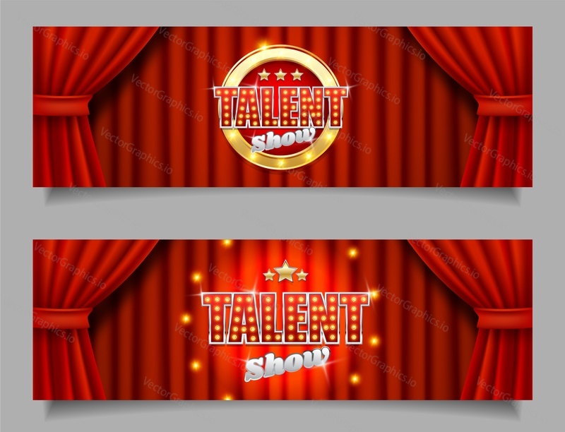 Talent show horizontal vector banner template set. Talent show signage with lights on realistic red velvet curtains. Talent contest, competition concept.