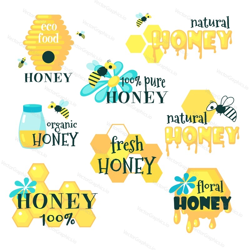 Honey set, vector flat illustration isolated on white background. Bee, beehive, honeycomb, jar and eco natural fresh floral honey hand lettering. Sweet organic food, beekeeping, apiculture concept.