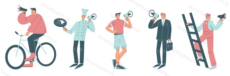 People of various professions with megaphones, vector flat style design illustration isolated on white background. Announcement concept for web banner, website page etc.