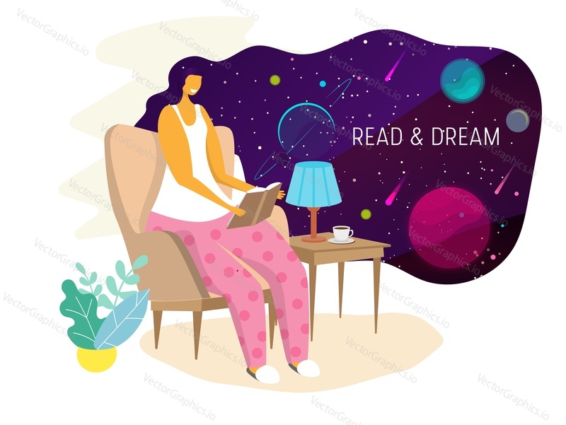Vector flat illustration of young woman reading book about universe, planets while sitting in armchair in living room. Read and dream concept for web banner, website page etc.