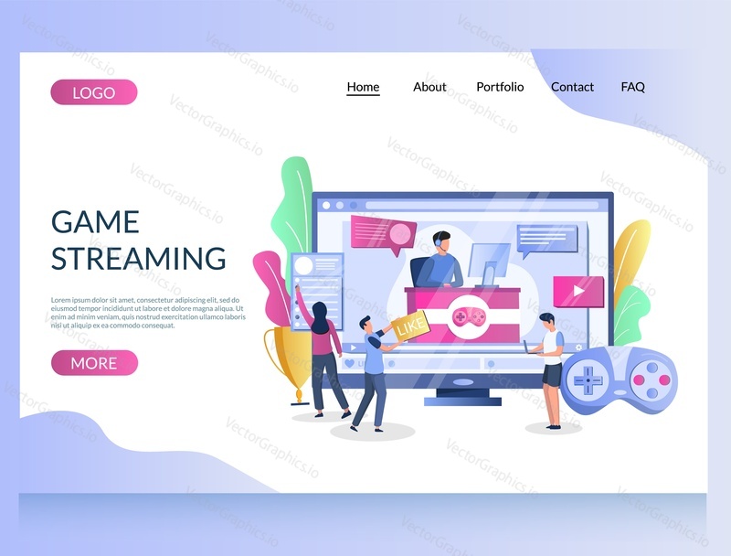 Game streaming vector website template, web page and landing page design for website and mobile site development. Gamer playing online video game in front of computer using console controller.