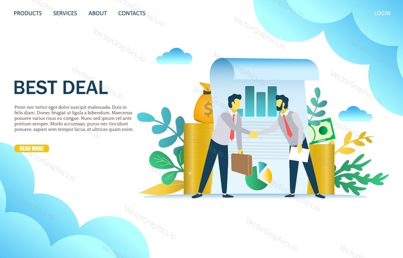 Best deal vector website template, web page and landing page design for website and mobile site development. Two businessmen making a deal and shaking hands. Partnership, signing contract concept.