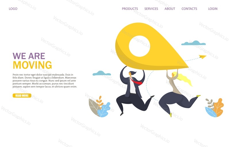 We are moving vector website template, web page and landing page design for website and mobile site development. Business man and woman running with location pin in raised hands. Office relocation.