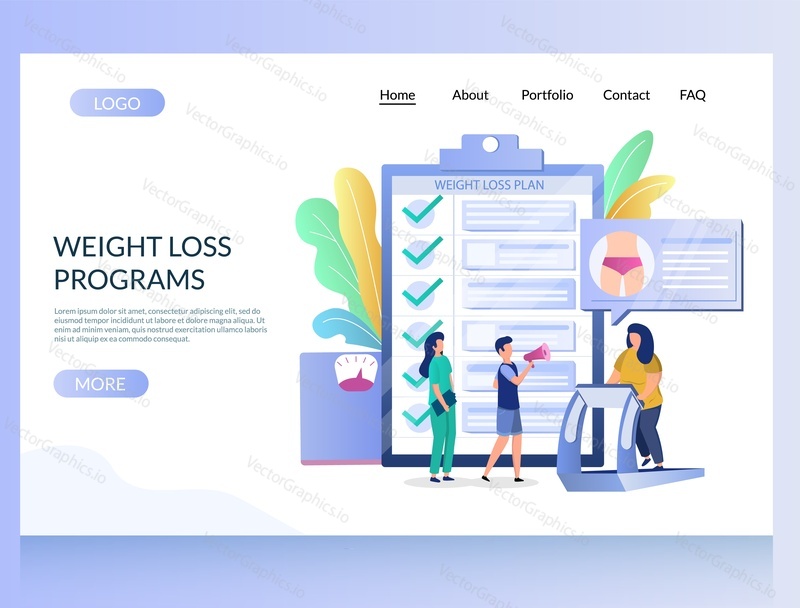 Weight loss programs vector website template, web page and landing page design for website and mobile site development. Healthy diet and exercise plan concept.