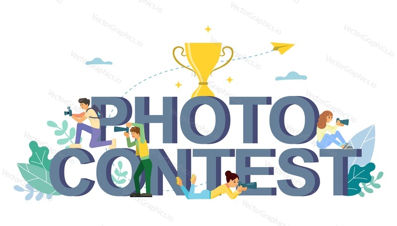 Photo contest words in capital letters, award cup, boys and girls taking photo with cameras. Vector flat style design illustration. Photography competition concept for web banner, website page etc.