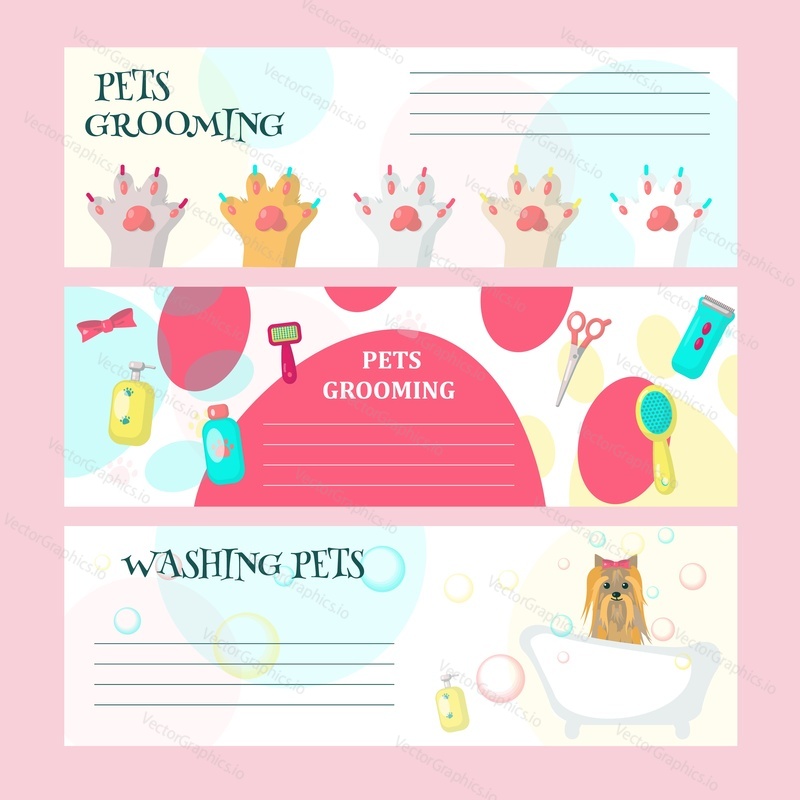 Vector set of pet grooming cards, flyers, posters with cute dog taking bath, animal paws and pet care tools and accessories. Dog grooming salon web banner templates.