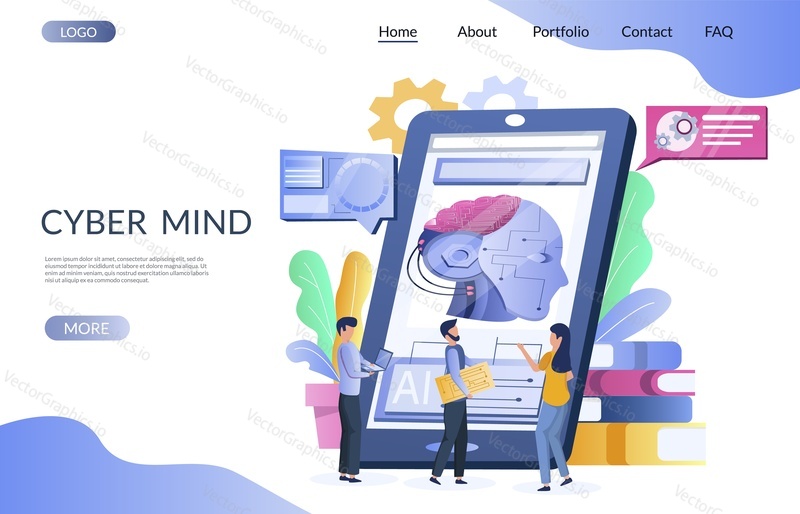 Cyber mind vector website template, web page and landing page design for website and mobile site development. Machine learning, artificial intelligence, cyber technology concept.