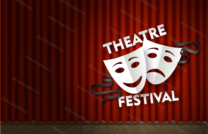 Theatre festival vector poster template. Realistic theater wooden stage with red velvet curtain and paper cut theatrical tragedy and comedy masks. Stage for concert, movie premiere, talent show etc.