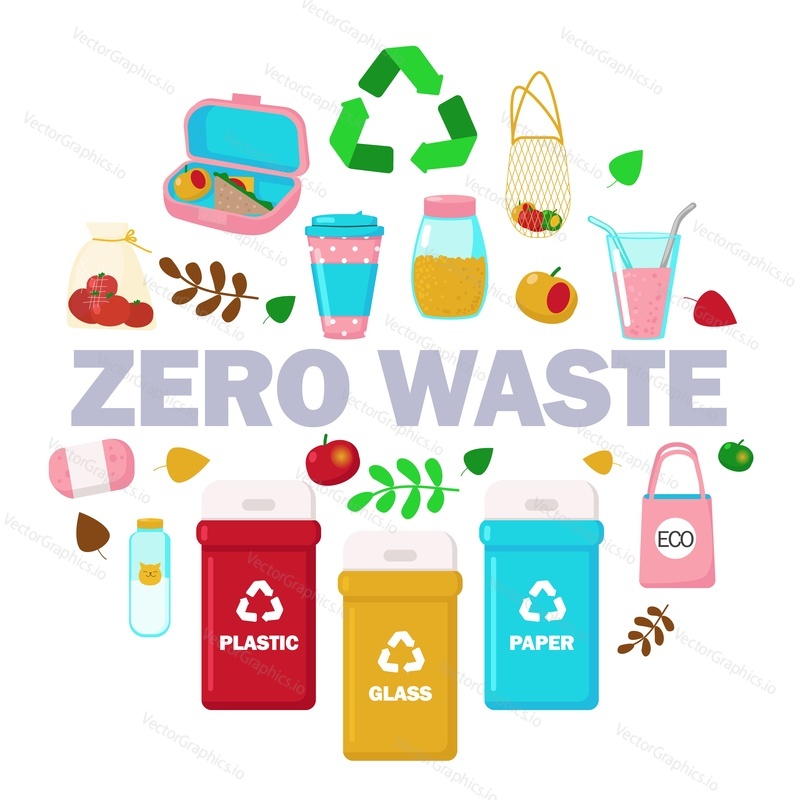 Zero waste concept vector flat illustration isolated on white background. Eco friendly reusable glass bottle, jar, cloth shopping bag, natural food, soap, trash cans and other items in circle.