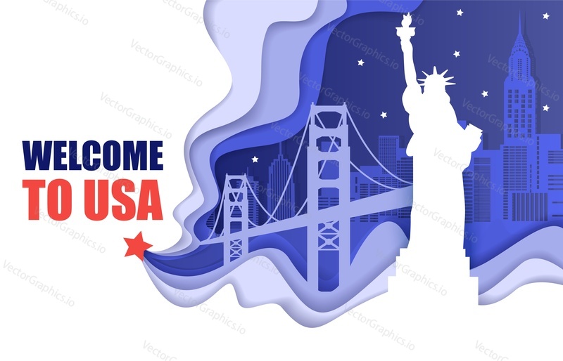 Welcome to USA travel poster template, vector illustration in paper art style. Statue of Liberty, world famous landmark, New York city skyline composition for web banner, website page etc.