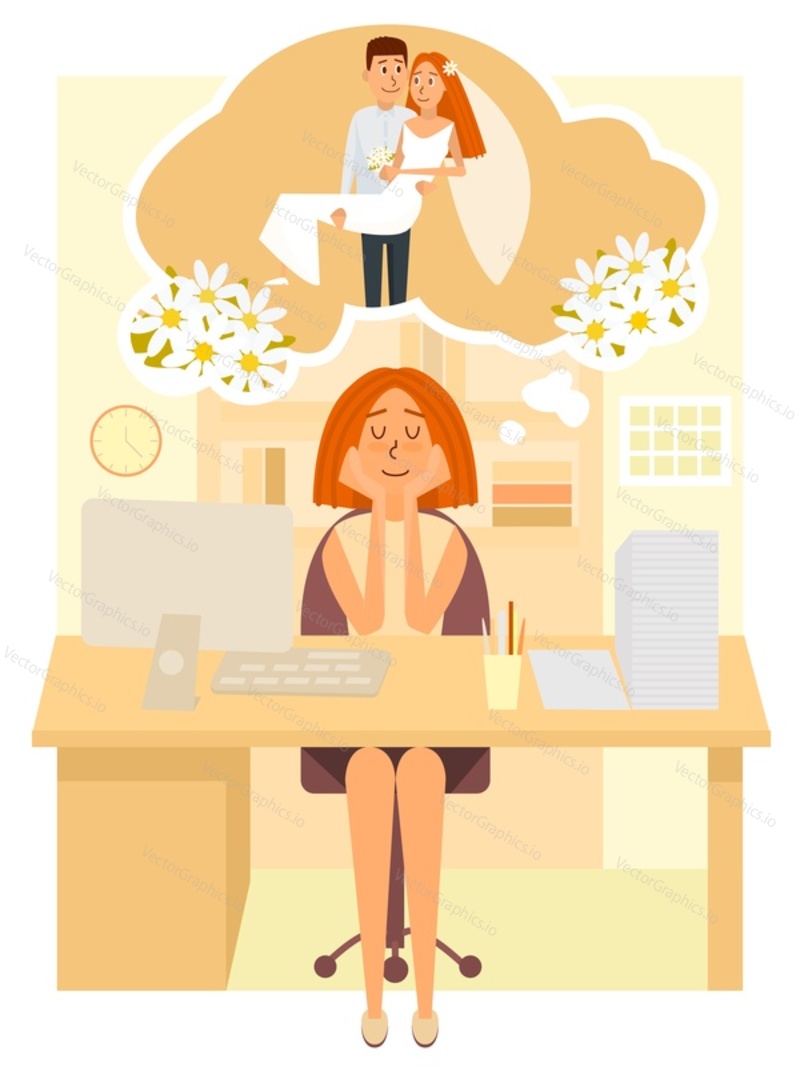 Young girl dreaming of her own wedding ceremony while sitting at office desk with closed eyes, vector flat style design illustration. Wedding dreams.