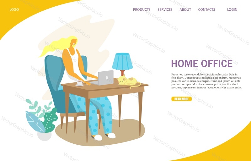 Home office vector website template, web page and landing page design for website and mobile site development. Young girl working at home using laptop computer while sitting at table. Freelance job.