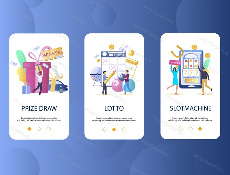 Prize draw, Lotto, Slot machine mobile app onboarding screens. Menu banner vector template for website and application development. Gambling industry concept.