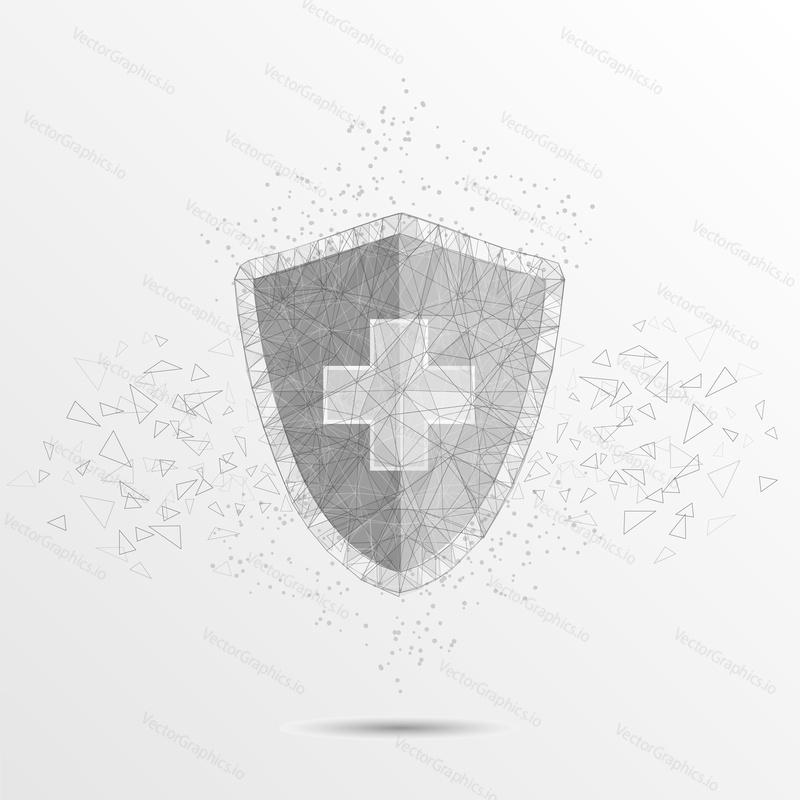 Shield with cross low poly wireframe mesh made of points, lines and shapes. Vector polygonal art style illustration. Medical protection concept for poster banner.