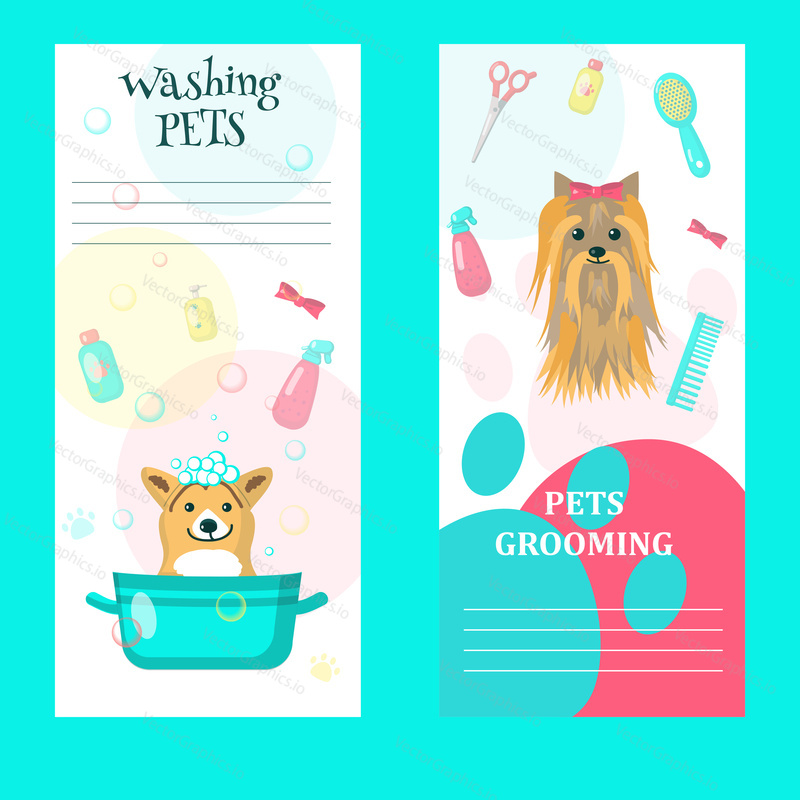 Vector set of pet grooming cards, flyers, posters with cute dogs taking bath, getting haircut, animal care accessories. Dog grooming services and supplies advertising banners.