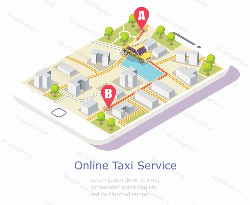 Online taxi service vector web banner template. Isometric smartphone with yellow taxicab and city map on screen. Taxi booking mobile app concept.
