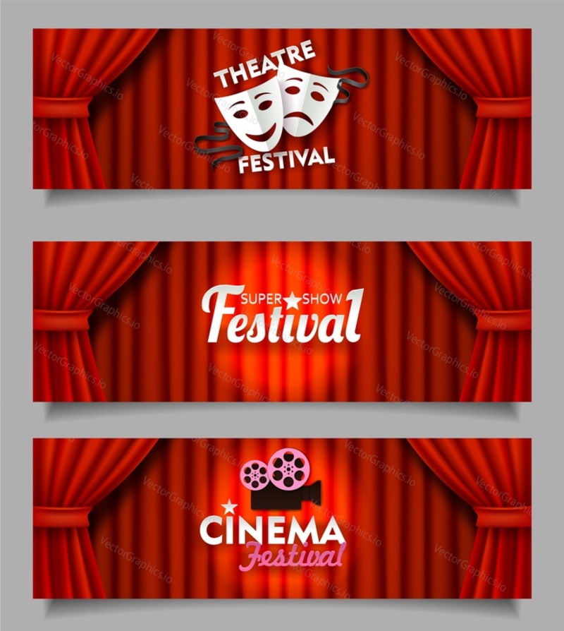 Cinema and theatre festival horizontal banner template set. Vector illustration of theatrical scene with red curtains, theater tragedy and comedy masks, retro movie projector and film tape reels.