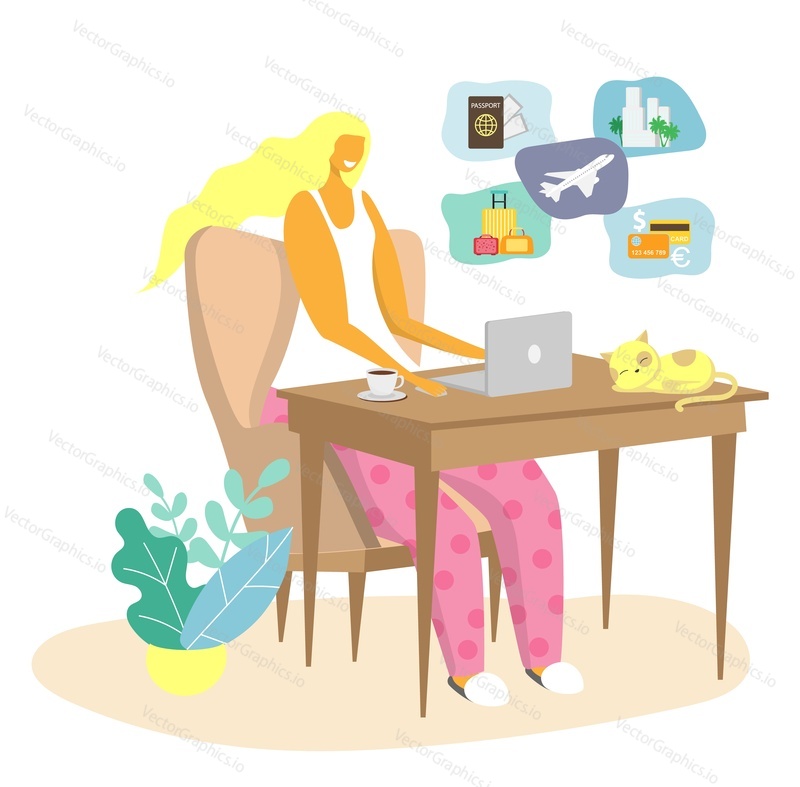 Young woman using laptop for booking flight tickets online, reserving hotel room, searching travel agency, vector flat illustration. Travel planning, summer vacation concept for website page etc.