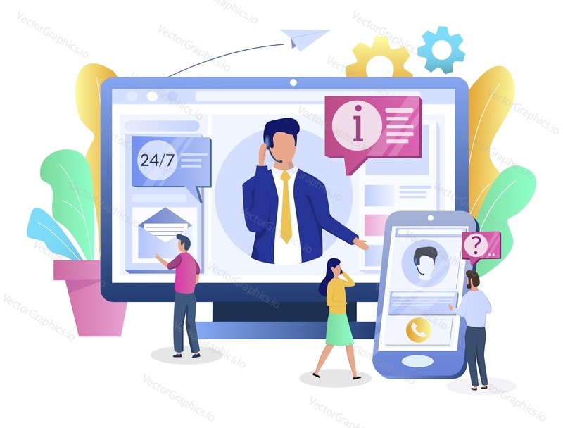 Vector illustration of big computer monitor with call center agent in headset on screen, tiny customers using mobile phones. Help desk, customer service, 24-7 technical support for website page etc.