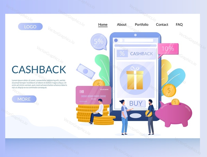 Cashback vector website template, web page and landing page design for website and mobile site development. Cashback reward program for customers doing online purchases using credit cards.