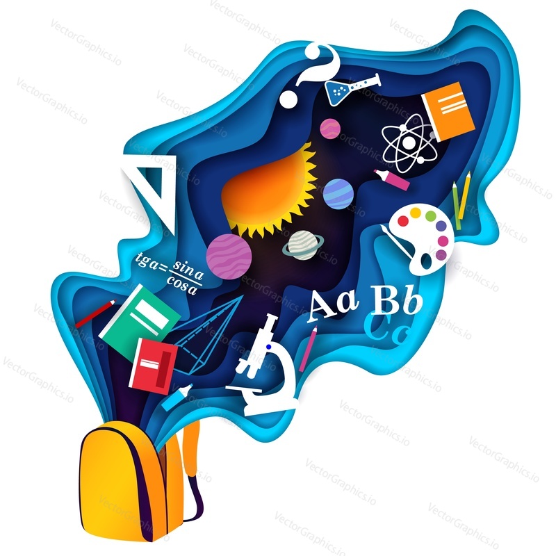 Backpack with school supplies flying out of it, vector illustration in paper art style. Back to school concept.