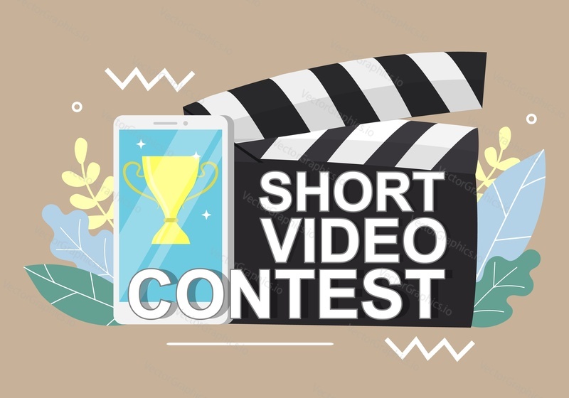 Short video contest announcement on clapperboard, smartphone with award cup on screen, vector flat illustration. Mobile short film competition concept for web banner, website page etc.
