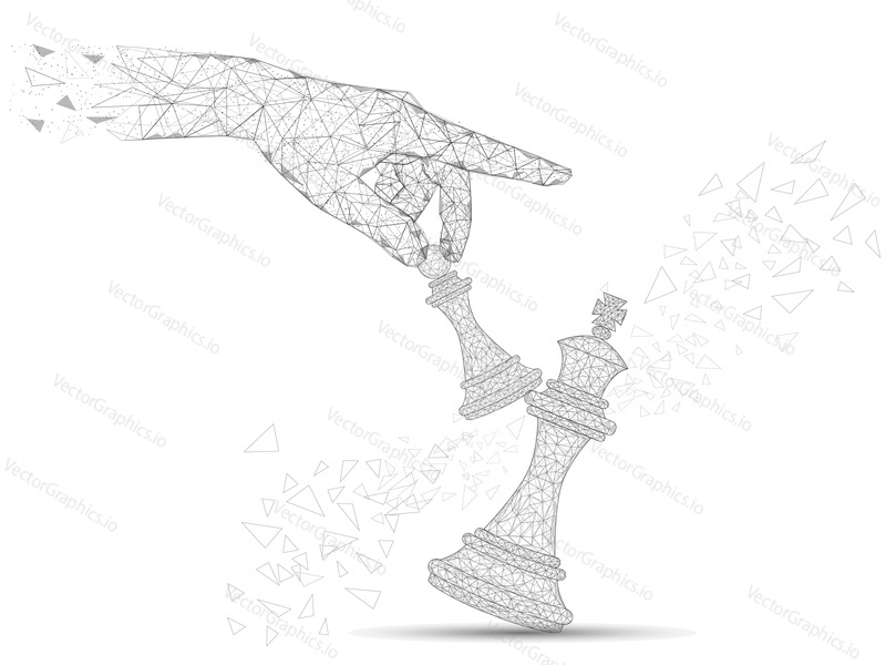 Human hand holding pawn knocking down king chess piece low poly wireframe mesh made of points, lines and shapes. Vector polygonal art style illustration. Challenge concept for poster banner.