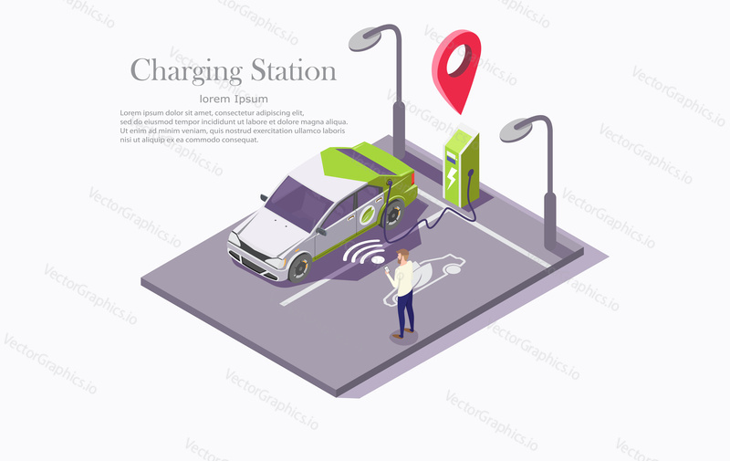 Charging station vector web banner template. Isometric electric recharging point, car and man with mobile phone. Electric vehicle charging technology, mobile app to find ev charging station concept.